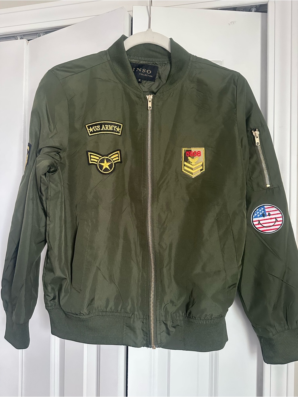 Women's Olive Green Military Patch Bomber Jacket